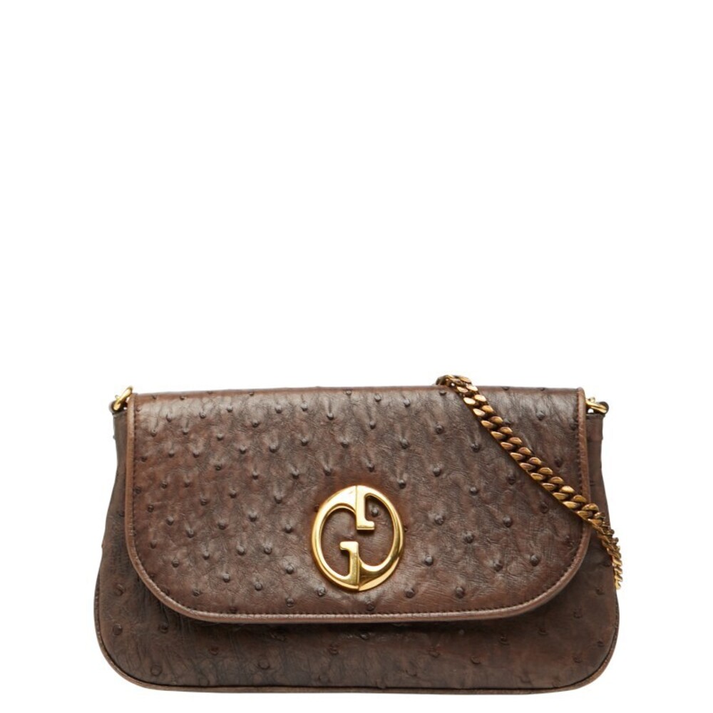 Gucci Chain Shoulder Bag Brown Ostrich Leather
